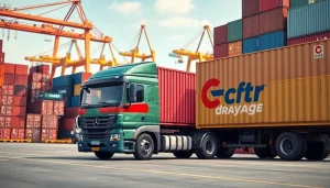 Drayage truck transporting a shipping container at a busy port, illustrating efficient logistics.