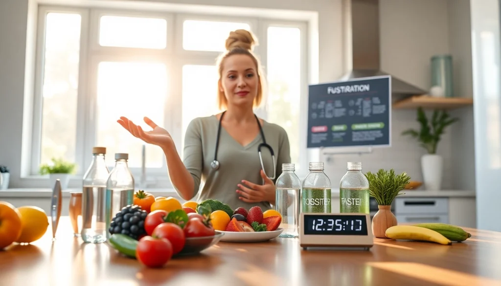 Showcasing healthy intermittent fasting practices with vibrant food and a modern kitchen setup.