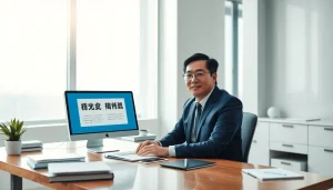 Scène professionnelle montrant un traducteur assermenté chinois traduisant des documents dans un bureau moderne.