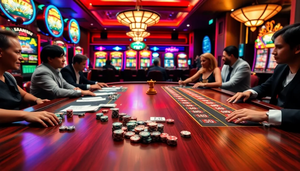 Experience the excitement of the Fun88 link with vibrant casino games, engaging players at the blackjack table.