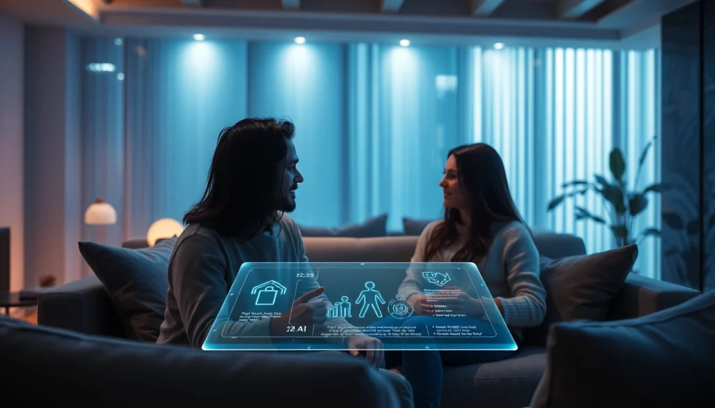 Couple interacting with AI sex technology in a modern living room.