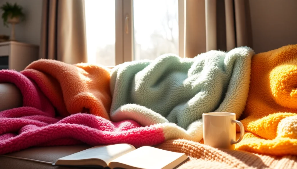Fleece fabric displayed on a couch, showcasing vibrant colors and cozy textures.