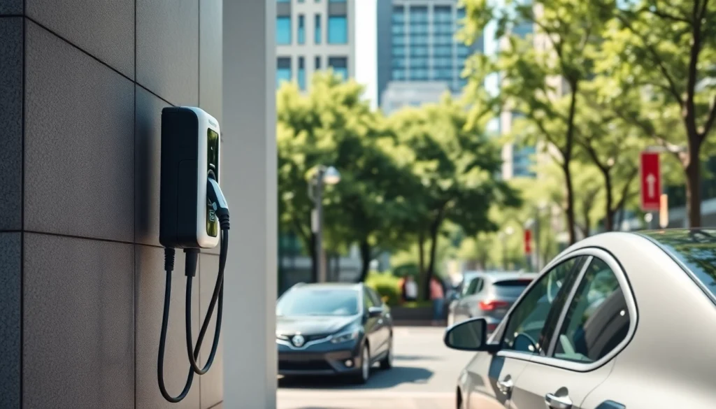 Showcase of an EV charger solution in a modern urban setting with electric vehicles charging.
