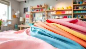 Bekijk kunstzinnige presentatie van verschillende jersey stoffen in lichte kleuren.