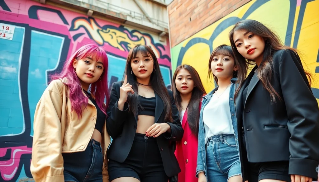 blackpink members posing together with vibrant urban backdrop showcasing their unique styles