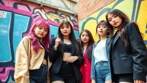 blackpink members posing together with vibrant urban backdrop showcasing their unique styles