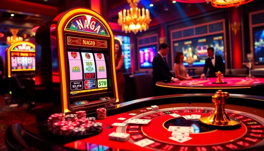 NAGA169 slot machine in a luxurious casino setting, highlighting a vibrant gaming atmosphere.