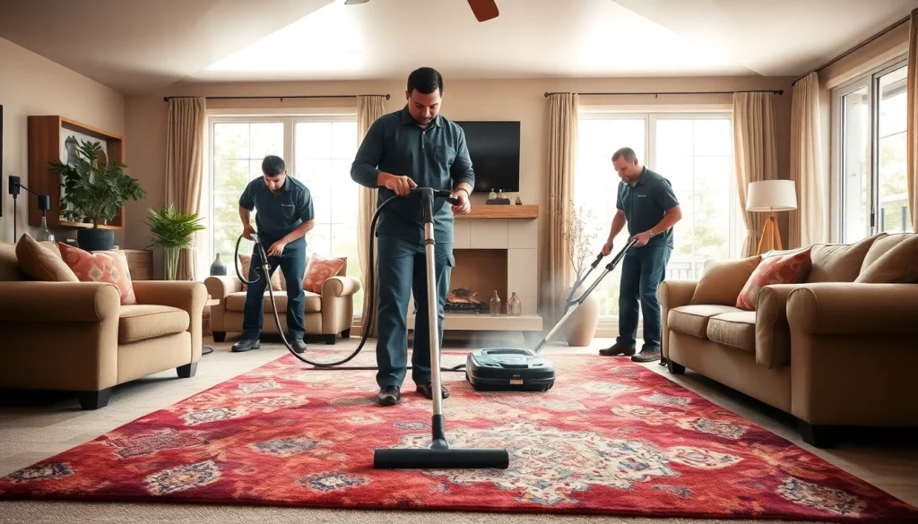 Local carpet cleaners efficiently cleaning a vibrant area rug in a well-lit living room.