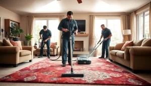 Local carpet cleaners efficiently cleaning a vibrant area rug in a well-lit living room.
