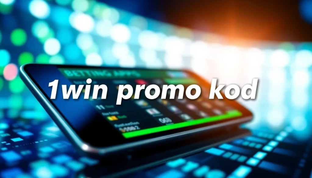 1win promo kod təqdim edən innovativ mobil cihaz və dinamik fon.