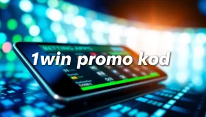 1win promo kod təqdim edən innovativ mobil cihaz və dinamik fon.