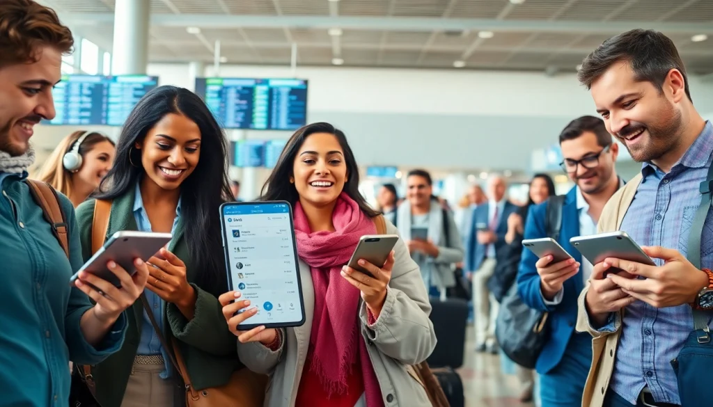 Travelers using eta application uk in an airport, showcasing excitement and preparation.
