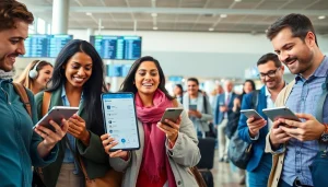 Travelers using eta application uk in an airport, showcasing excitement and preparation.