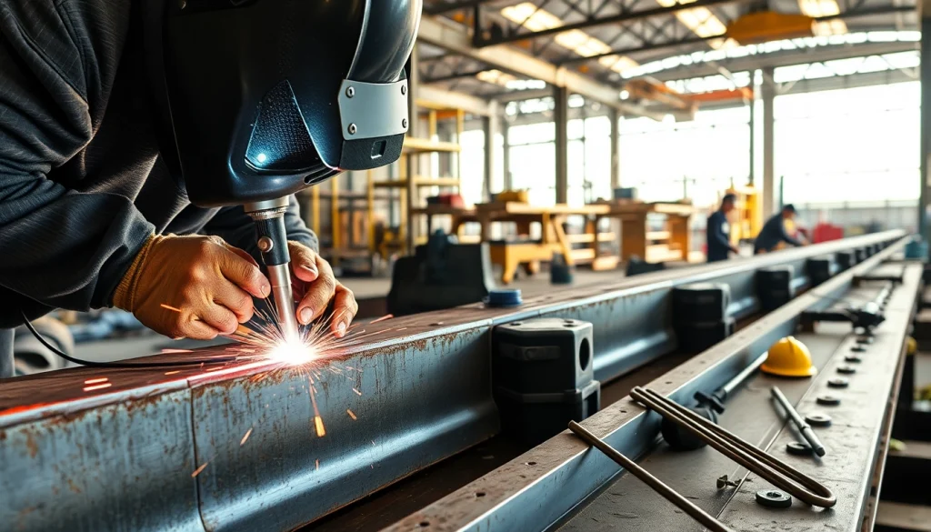 Technician performing structural steel welding with precision in an industrial setting.
