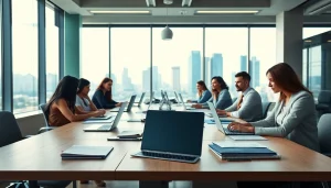 Explore a busy typing center with professionals collaborating in a modern office.