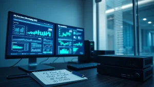 Advanced cybersecurity AI workspace featuring multiple monitors with real-time analytics and tech devices.