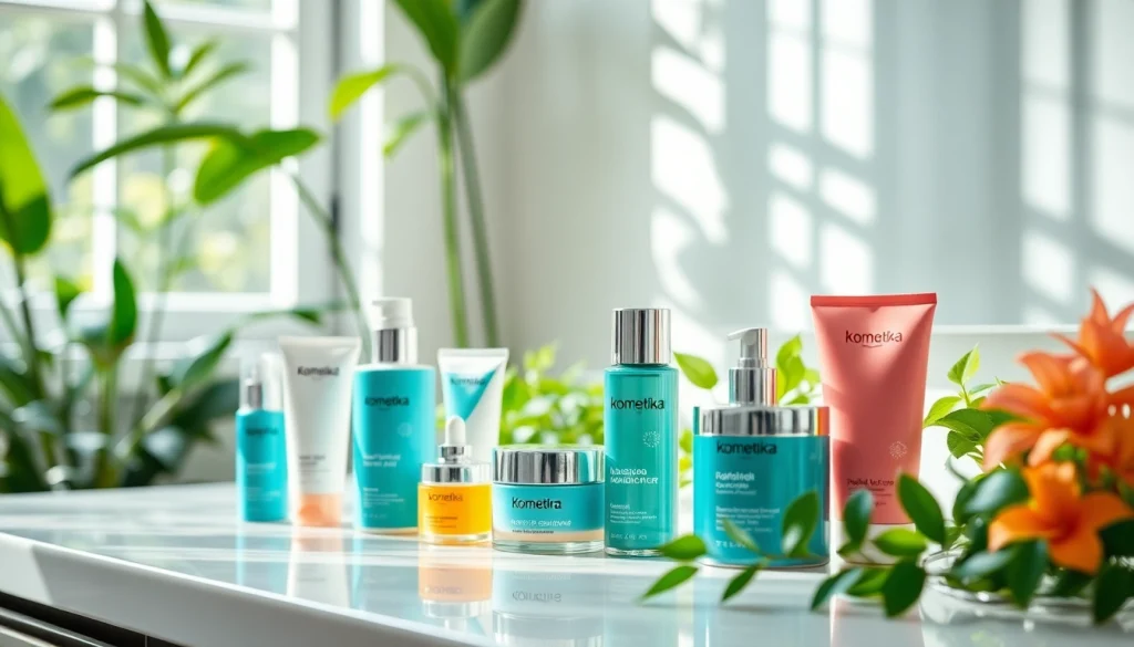 Kosmetika produktai sąlygojami, puikiai atrodantys šviesiame vanity, supami žalumynų.