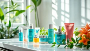 Kosmetika produktai sąlygojami, puikiai atrodantys šviesiame vanity, supami žalumynų.