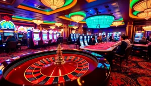 Experience the thrill of S8 Casino with vibrant gambling visuals showcasing roulette, poker, and slot machines.