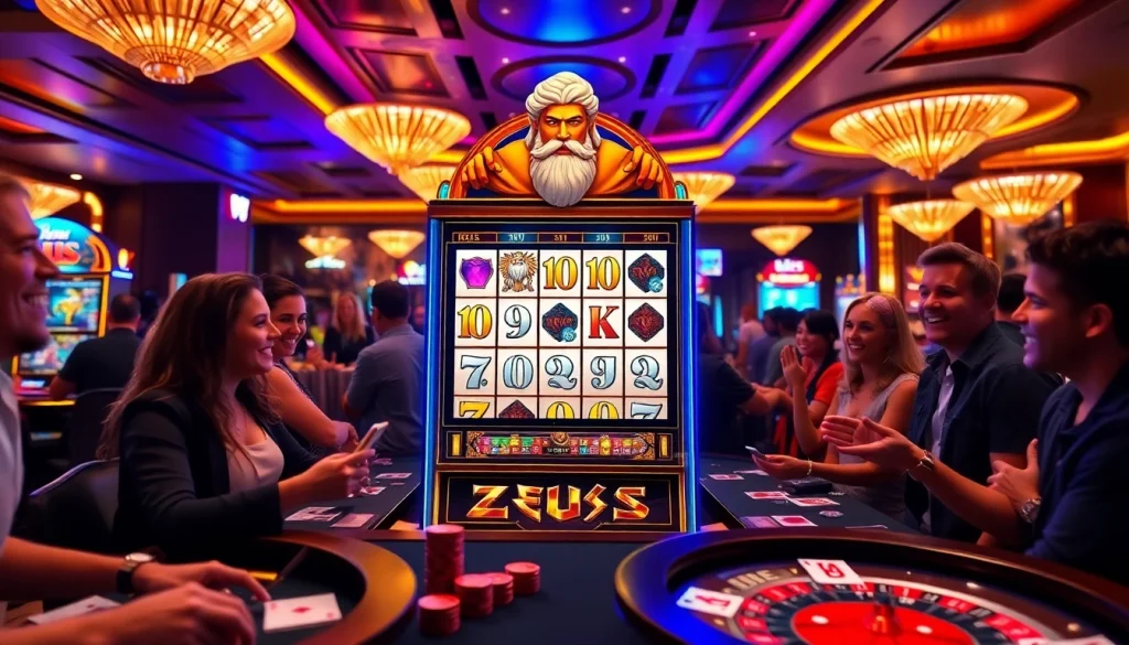 Players enjoying the exciting Zeus slot machine in a luxurious casino setting.