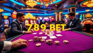Players enjoy a thrilling poker game at a luxurious casino featuring 789 BET elements, vibrant ambiance.