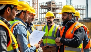 Improve construction safety training with engaged professionals using safety gear on a vibrant construction site.