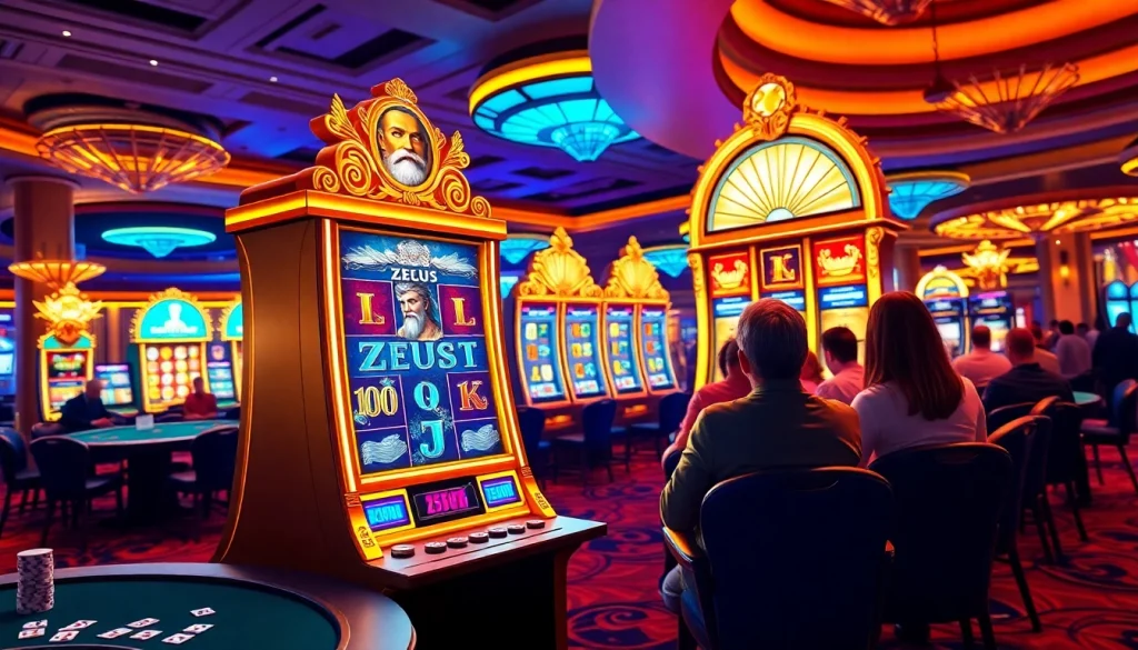 Para pemain yang menikmati mesin slot Zeus di tengah suasana kasino yang hidup penuh dengan chip dan lampu.