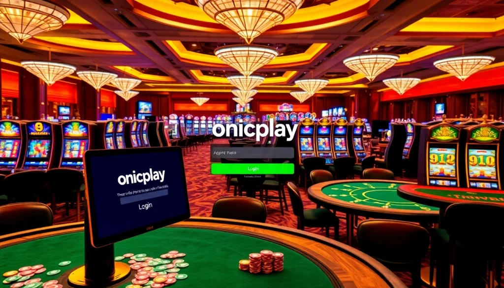 Online gamblers accessing the onicplay login at a luxurious casino.