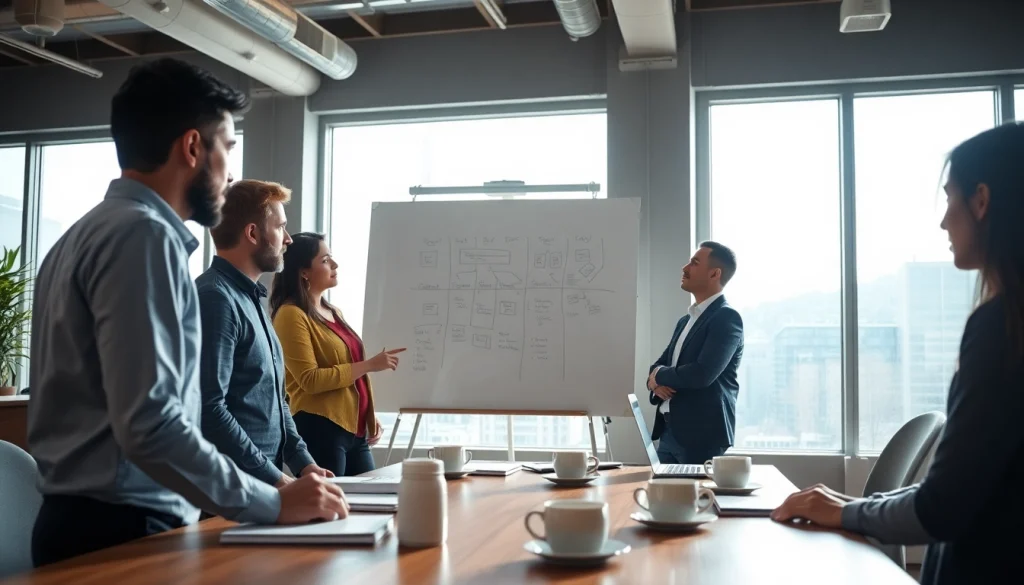 Crisis management consultant guiding a focused corporate team in strategy session.