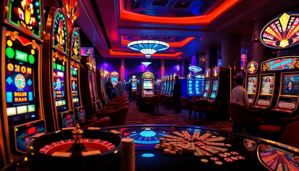 Adegan menarik Slot Depo Pulsa di kasino yang hidup dengan pemain yang antusias di mesin slot mewah.