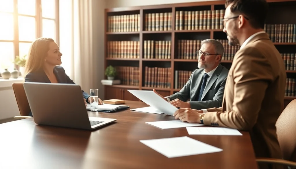 Intellectual property lawyer discussing legal matters in a modern office.