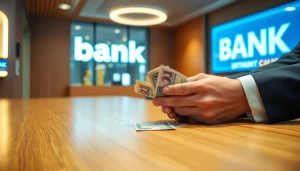 Menghitung uang tunai deposit 1k di bank, dengan suasana yang profesional dan modern.