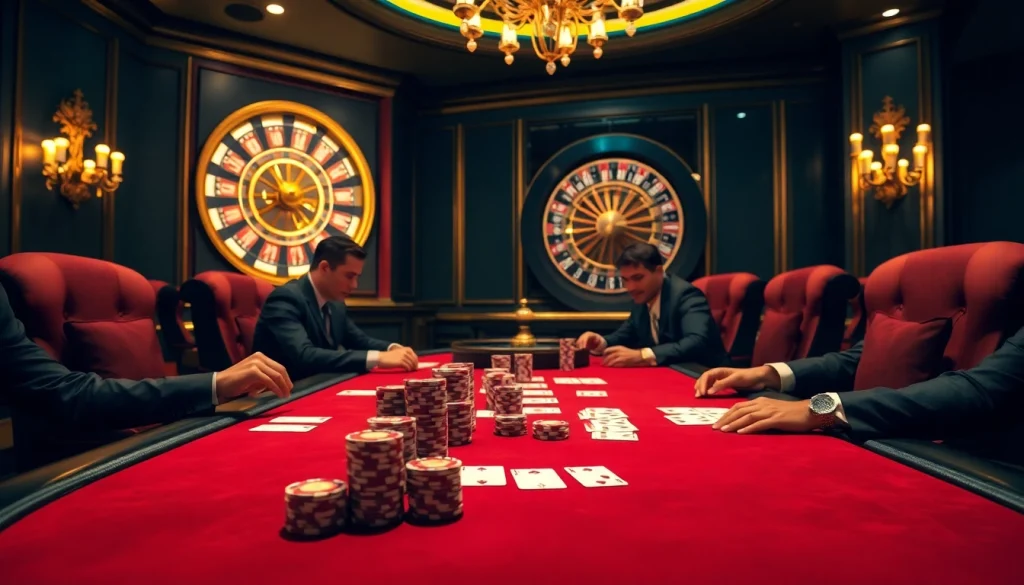 Experience the excitement of i9bet with professional poker players at a luxurious casino table.