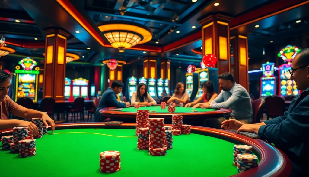 Players enjoying high-stakes poker at hello88 vina casino, surrounded by vibrant chips and cards.