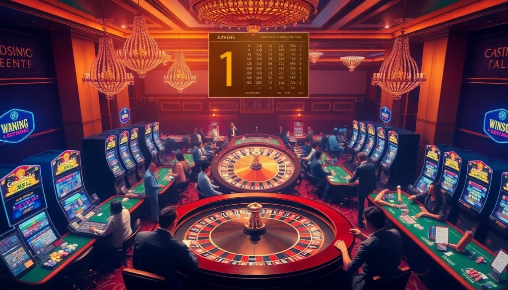 Tương tác với JD88 trong cảnh casino sôi động có người chơi tại bàn cược và máy đánh bạc.