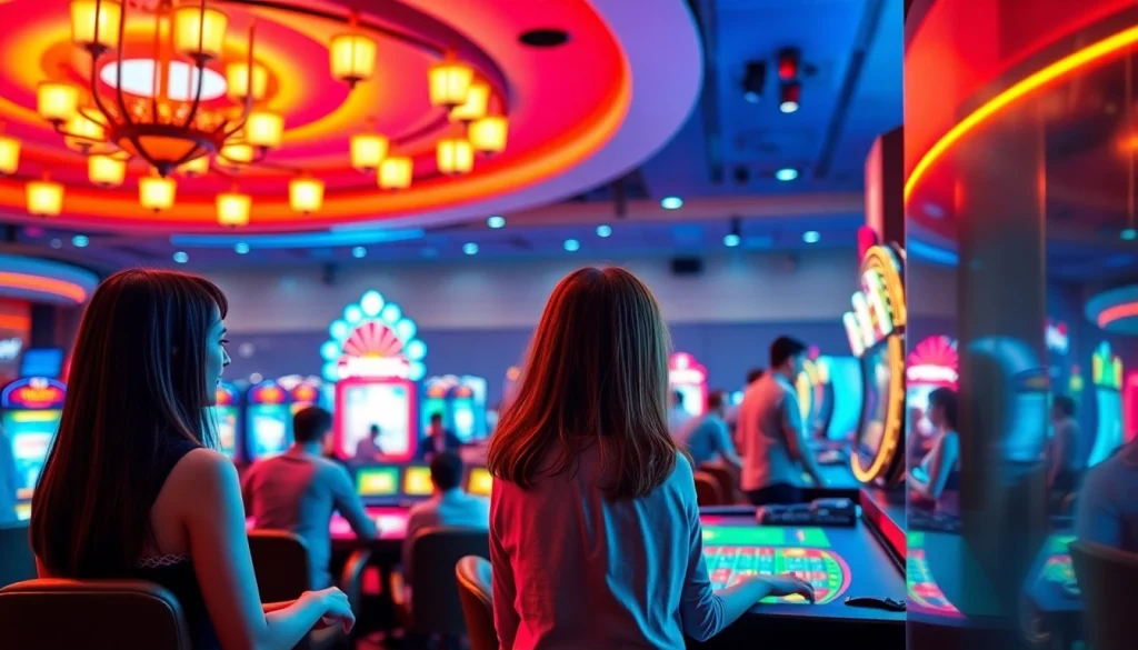 Menggambarkan suasana permainan online qq8821 dengan pemain yang aktif dan latar belakang kasino yang cerah.