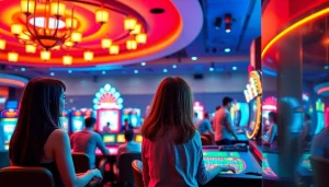 Menggambarkan suasana permainan online qq8821 dengan pemain yang aktif dan latar belakang kasino yang cerah.