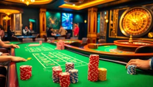 Experience the thrilling atmosphere at hay.win with vibrant poker chips and a roulette wheel.