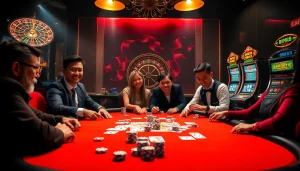 RR88 gaming experience with vibrant casino table, poker chips, and excited players at a roulette wheel.