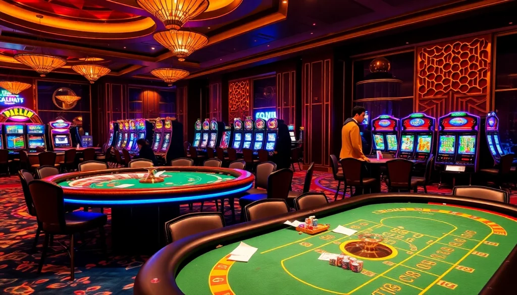 Players enjoying a thrilling poker game at a luxury casino inspired by https:/cm88.bz/ with vibrant tables and chips.
