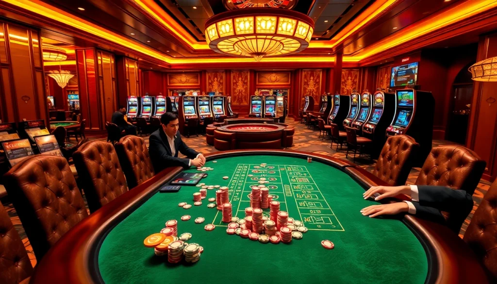 Adegan kasino yang menarik dengan meja poker dan elemen permainan Datukwin