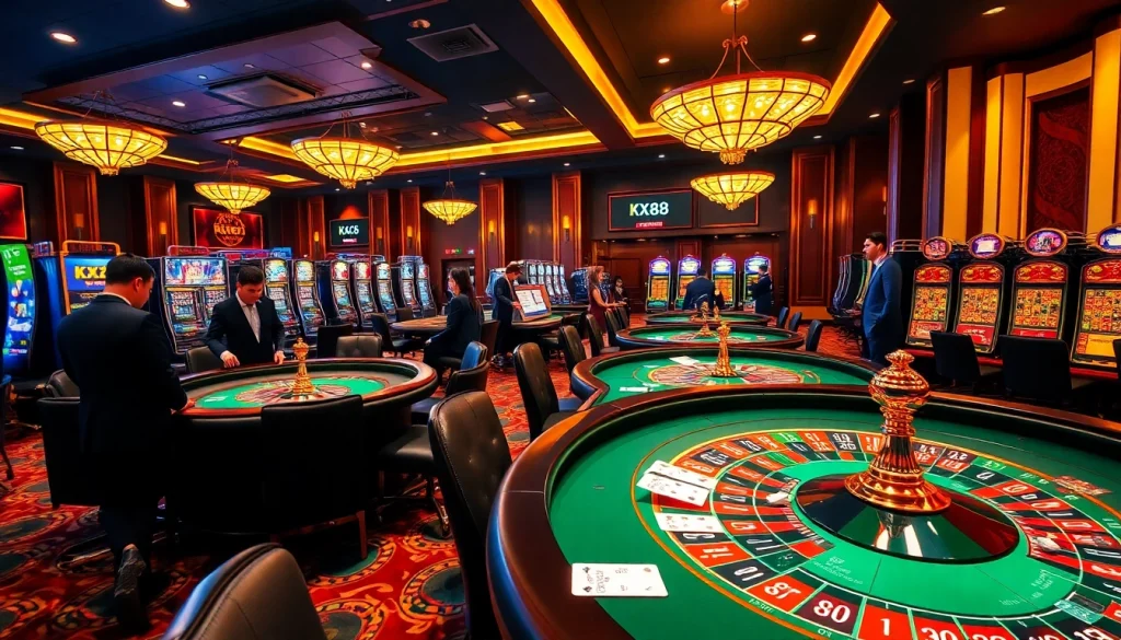 Players enjoying a vibrant gaming experience with KJC XX88 at a luxurious casino.