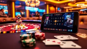 Featuring a mobile porn game at a luxurious casino table, blending gaming excitement and adult entertainment.