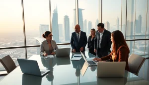 Engaged team discussing business setup company Dubai strategy in a bright modern office.