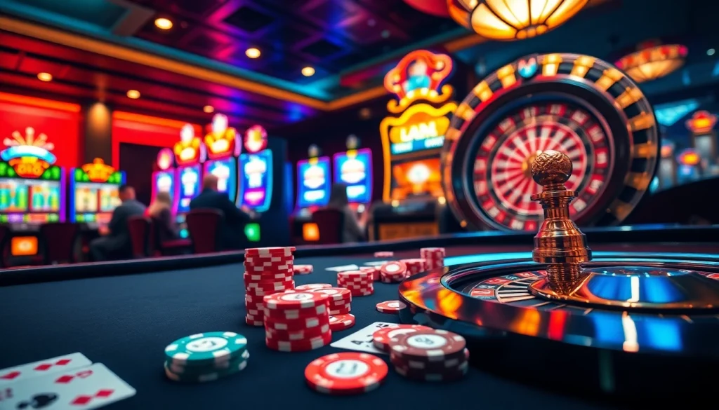 Players enjoying a lively BK8th casino experience with vibrant games and luxurious atmosphere.