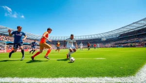 مشهد مباراة مثير يُظهر اللاعبين والمشجعين وهم متفاعلون في كرة القدم، مع إبراز حماس كوورة TV للأحداث الرياضية.