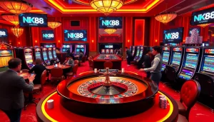 Experience the excitement of NK88 with players at a luxury casino table, vibrant slot machines, and poker chips.