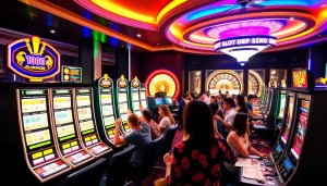 Pemain yang antusias bermain mesin slot di kasino yang ramai menampilkan Slot Depo 1000.