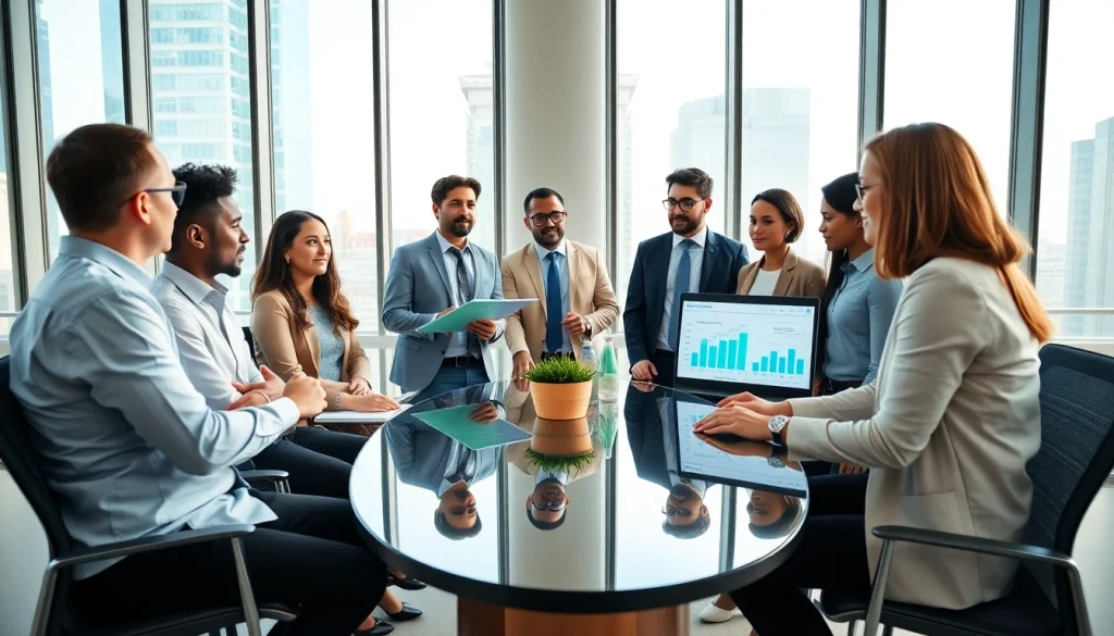 Analyze growth strategy trends with diverse consultants in a bright, collaborative office space.