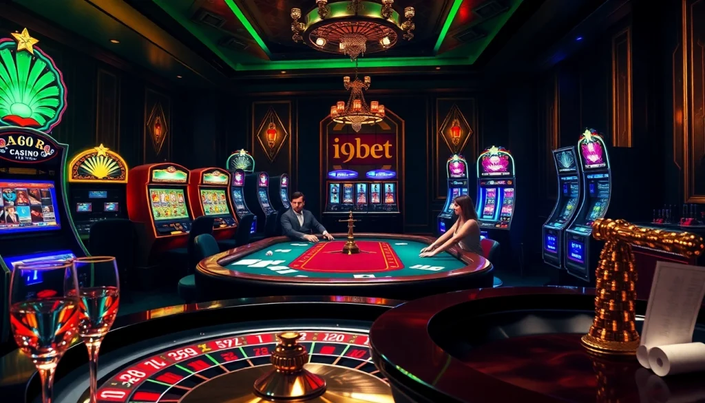 Experience the thrill of winning at i9bet with an exciting casino atmosphere featuring poker games and vibrant slot machines.